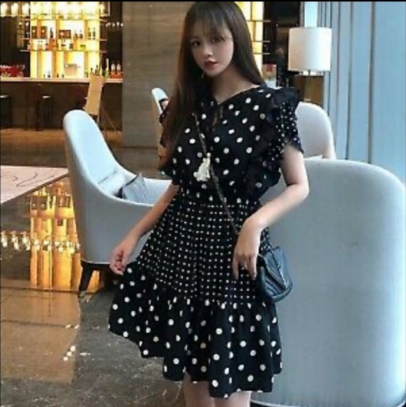 ZARA Contrasting polka-dot Ruffle mini Dress Black🎁 - Picture 2 of 5